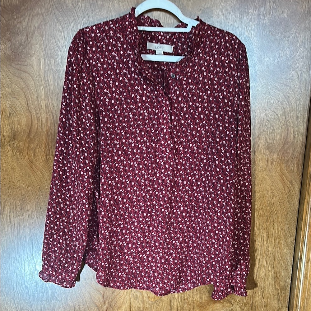 LOFT Red Long Sleeve Buttoned Blouse with Mandarin Collar
